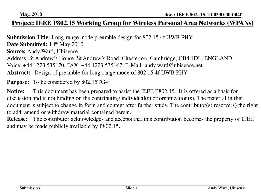 May, 2010 Project: IEEE P Working Group for Wireless Personal Area Networks (WPANs)