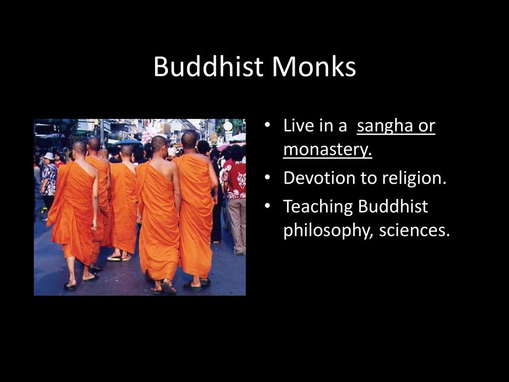 Buddhist Monks Live in a sangha or monastery. Devotion to religion.