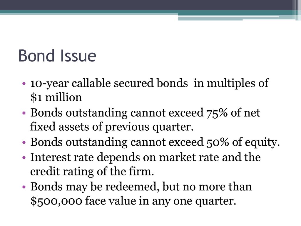 Bond Issue 10-year callable secured bonds in multiples of $1 million