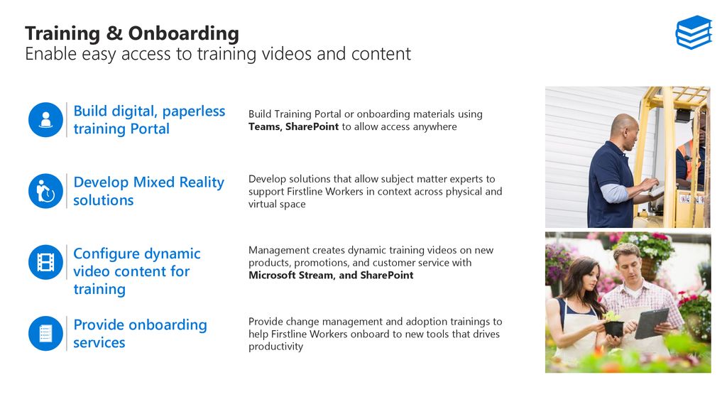 11/12/ :10 PM Training & Onboarding Enable easy access to training videos and content.