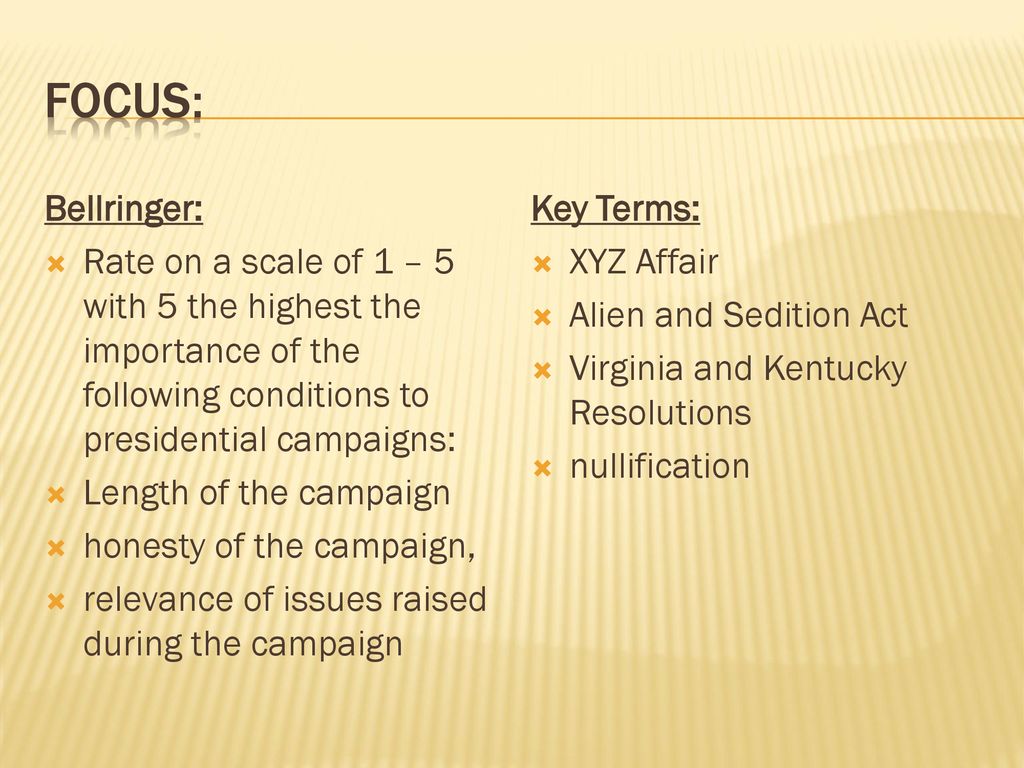 Focus: Bellringer: Rate on a scale of 1 – 5 with 5 the highest the importance of the following conditions to presidential campaigns:
