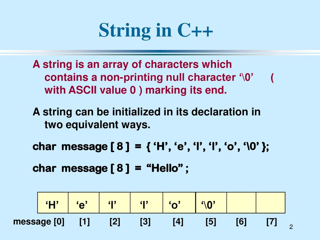 String in C++ A string is an array of characters which contains a  non-printing null character '\0' ( with ASCII value 0 ) marking its end. A  string. - ppt download