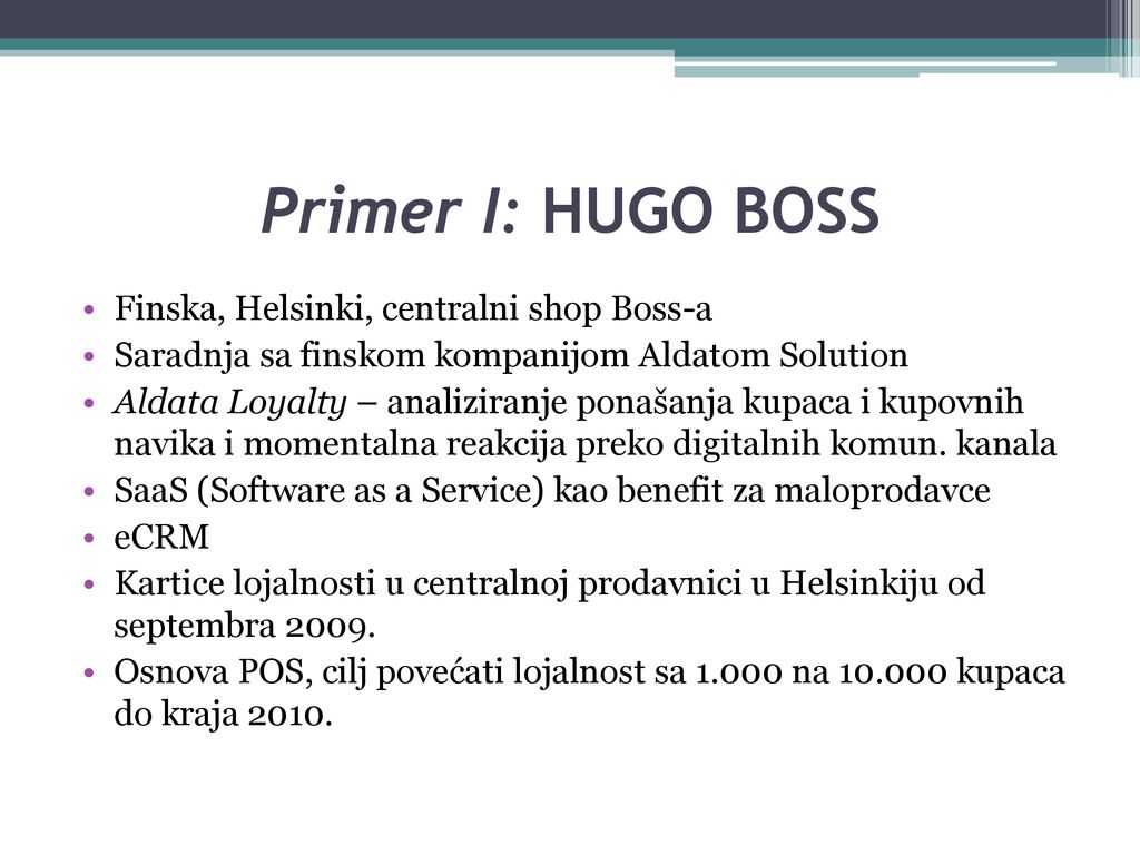 Primer I: HUGO BOSS Finska, Helsinki, centralni shop Boss-a