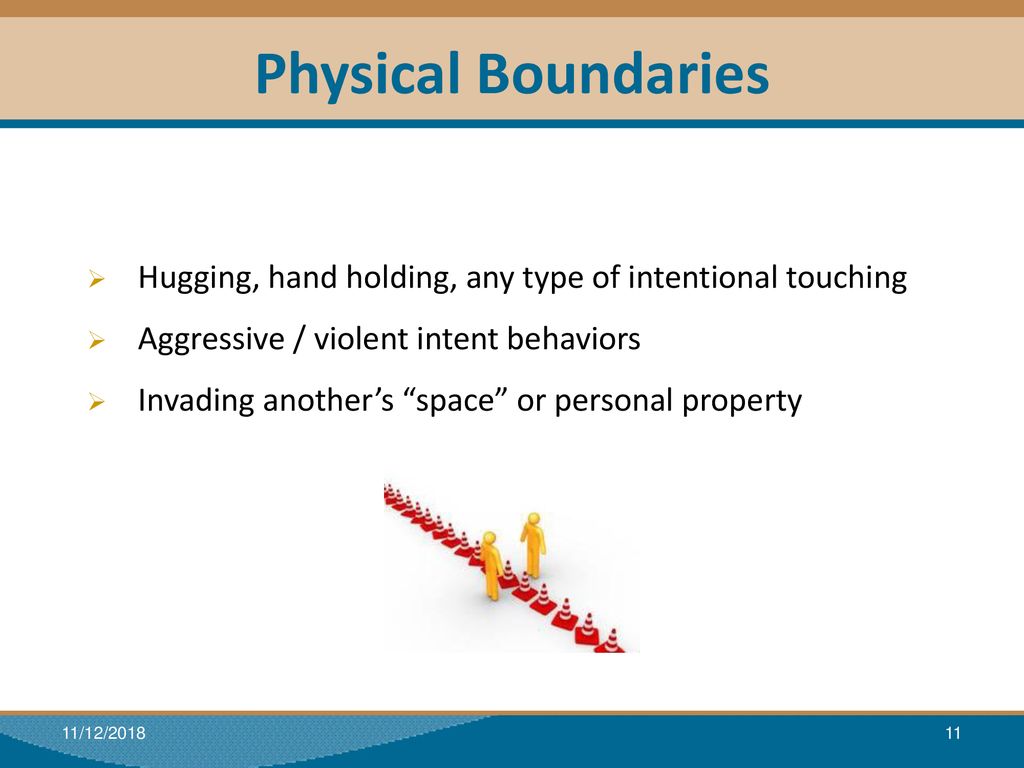 Physical Boundaries Hugging, hand holding, any type of intentional touching. Aggressive / violent intent behaviors.