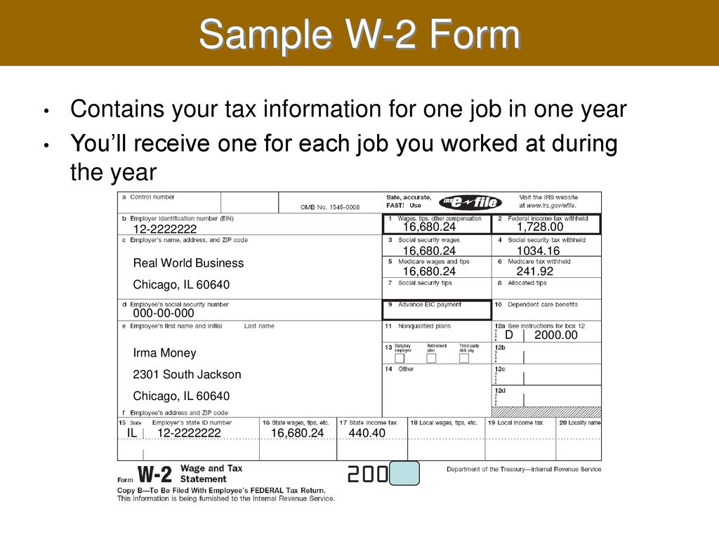 Sample W2 Form Contains your tax information for one job in one year