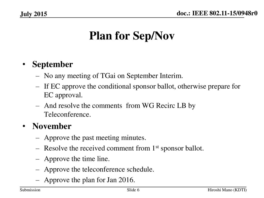 Plan for Sep/Nov September November