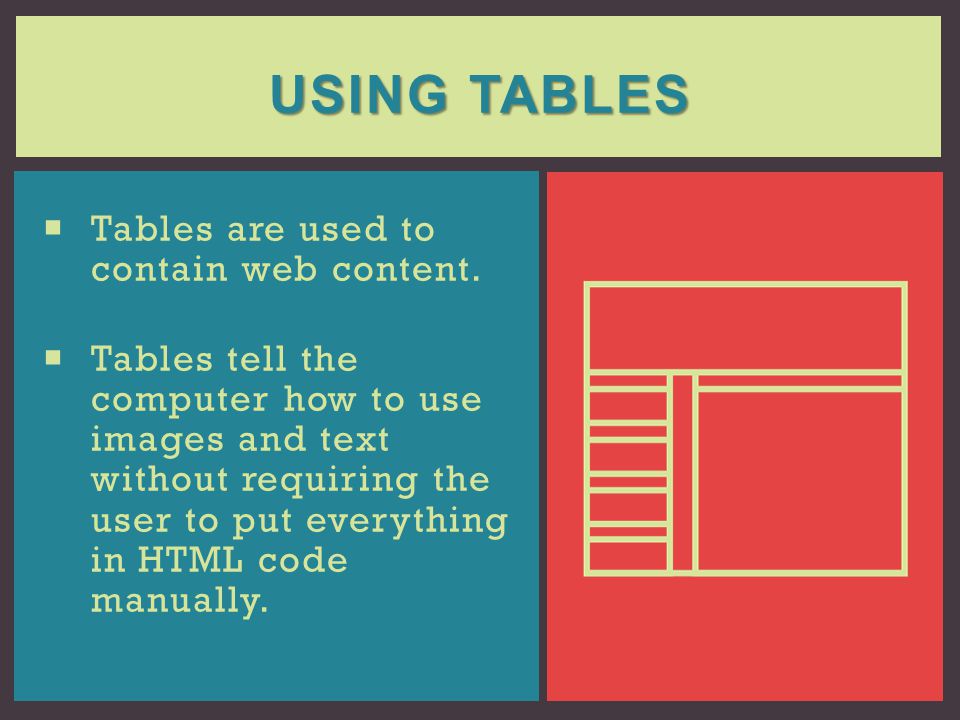 Using Tables Tables are used to contain web content.