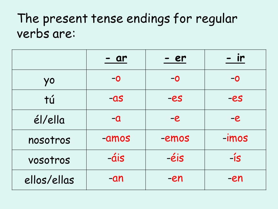 The present tense endings for regular verbs are.
