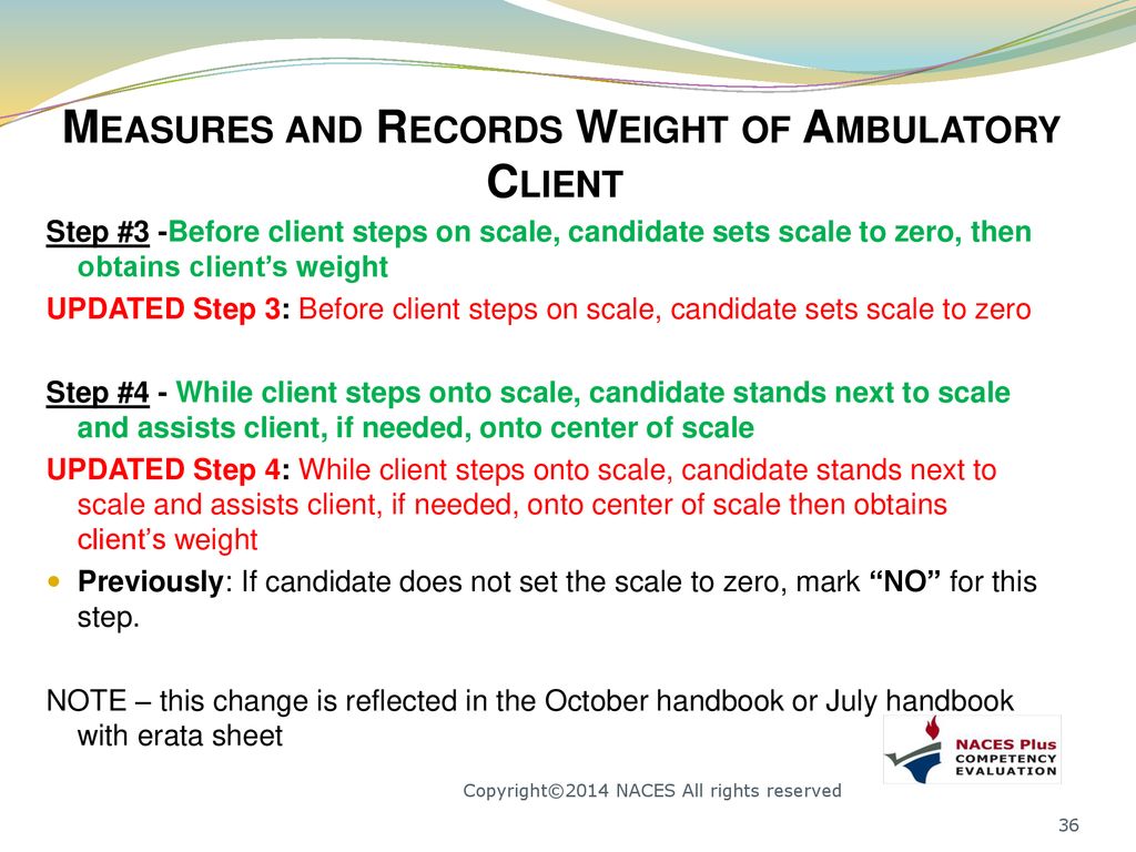 Measures and Records Weight of Ambulatory Client