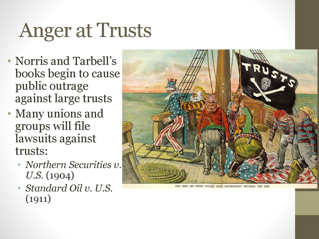 Anger at Trusts Norris and Tarbell’s books begin to cause public outrage against large trusts.