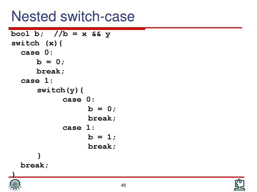 Nested switch-case bool b; //b = x && y switch (x){ case 0: b = 0; break; case 1: switch(y){ b = 1; }