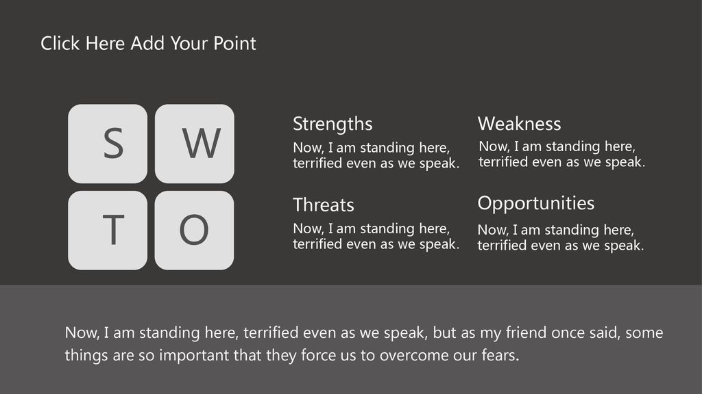 S W T O Click Here Add Your Point Strengths Weakness Threats