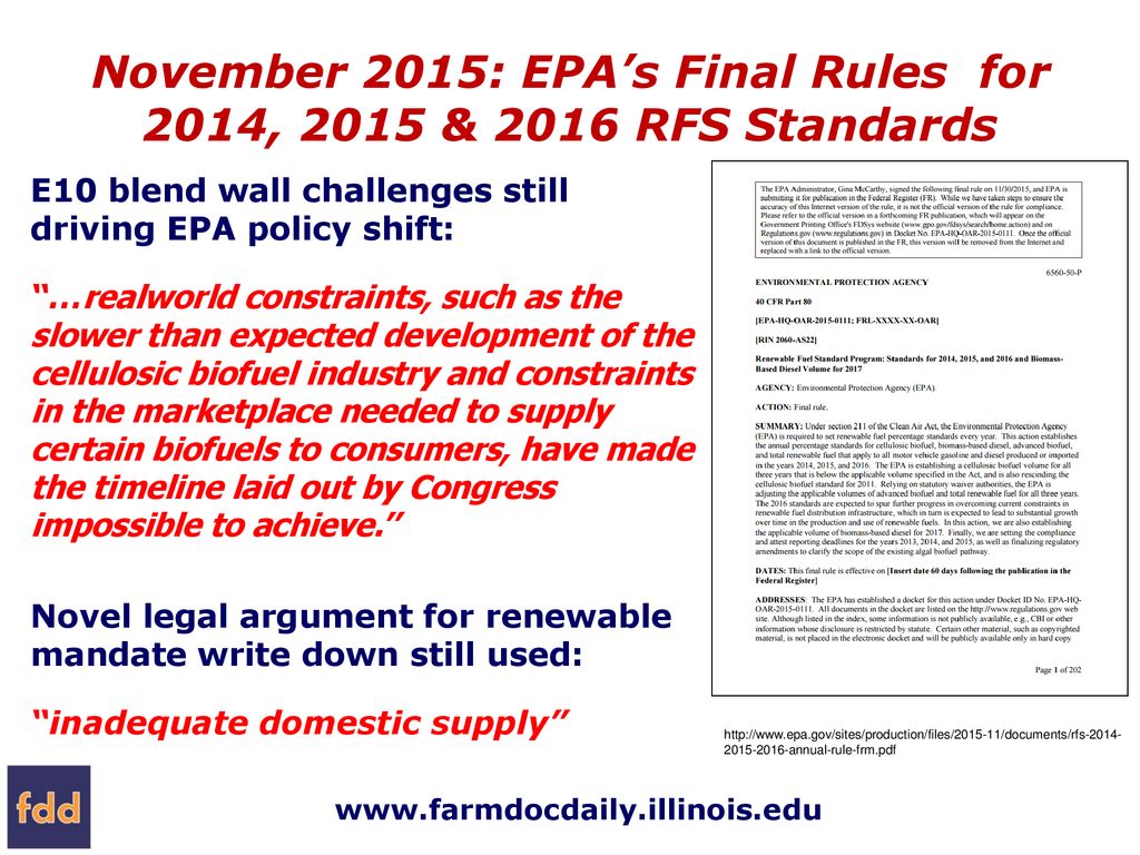 November 2015: EPA’s Final Rules for 2014, 2015 & 2016 RFS Standards