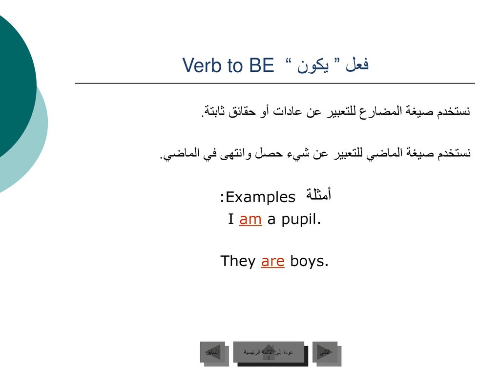فعل يكون Verb to BE أمثلة :Examples