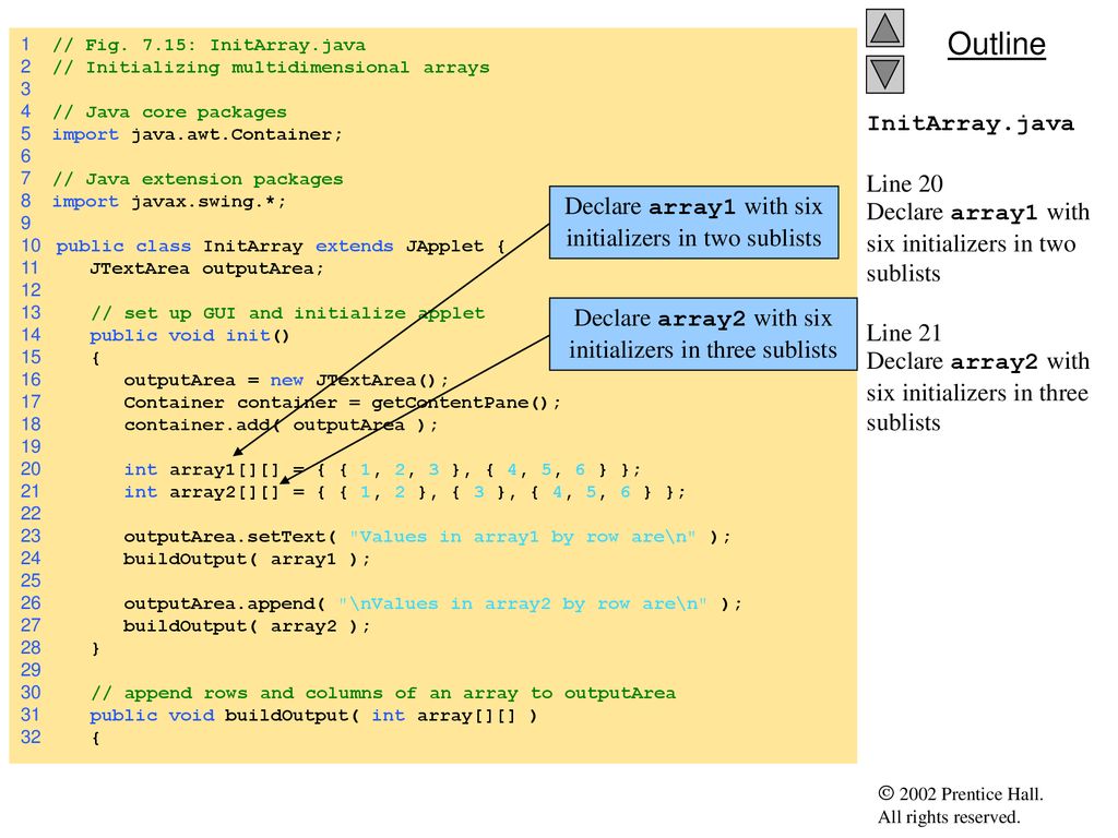 Chapter 7 - Arrays Outline 7.1 Introduction 7.2 Arrays 7.3 Declaring ...