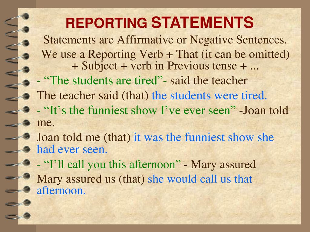 Write the sentences in reported speech. Reported Statements таблица. Reported Speech Statements правила. Reported Speech negative. Reported Statements правило.