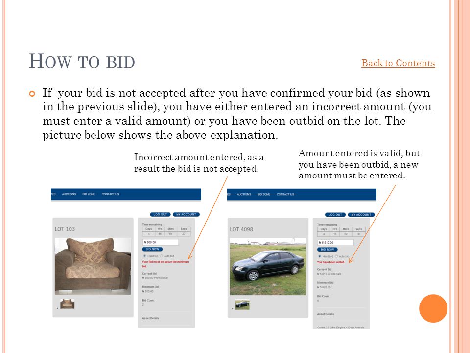 How to bid Back to Contents.