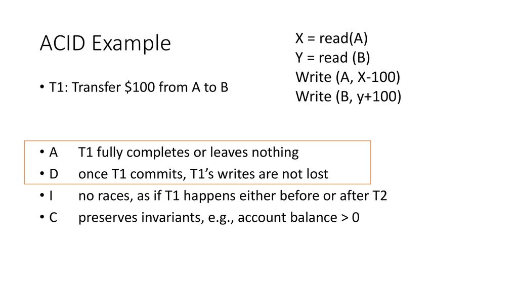 ACID Example X = read(A) Y = read (B) Write (A, X-100)