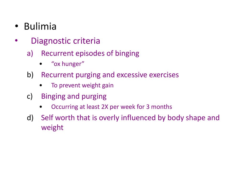 Bulimia Diagnostic criteria Recurrent episodes of binging