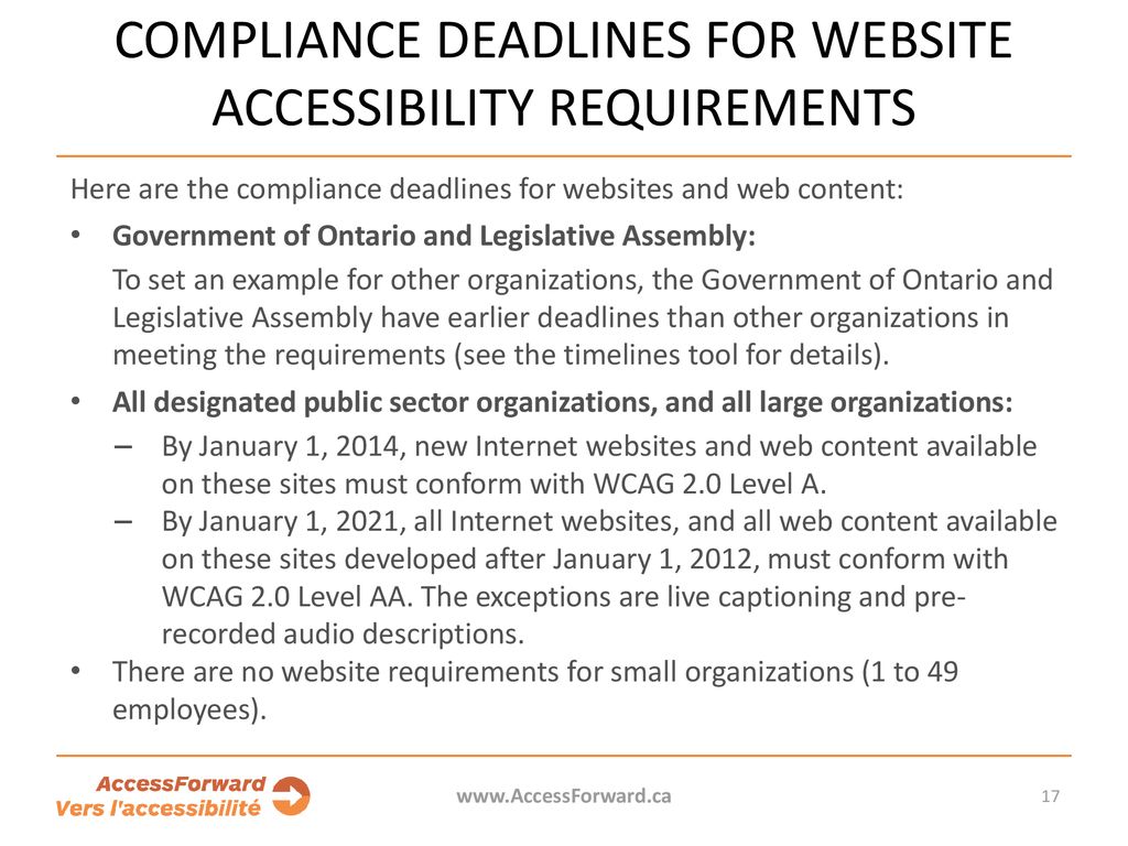 Compliance deadlines for website accessibility requirements