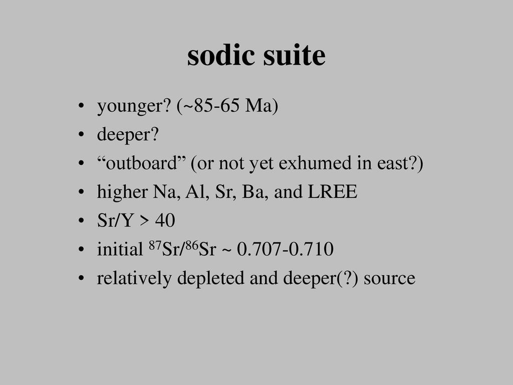 sodic suite younger (~85-65 Ma) deeper