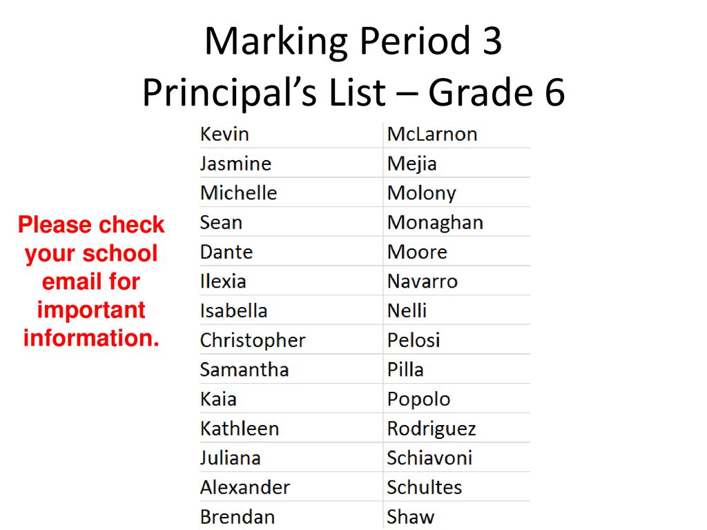 Marking Period 3 Principal’s List – Grade 6