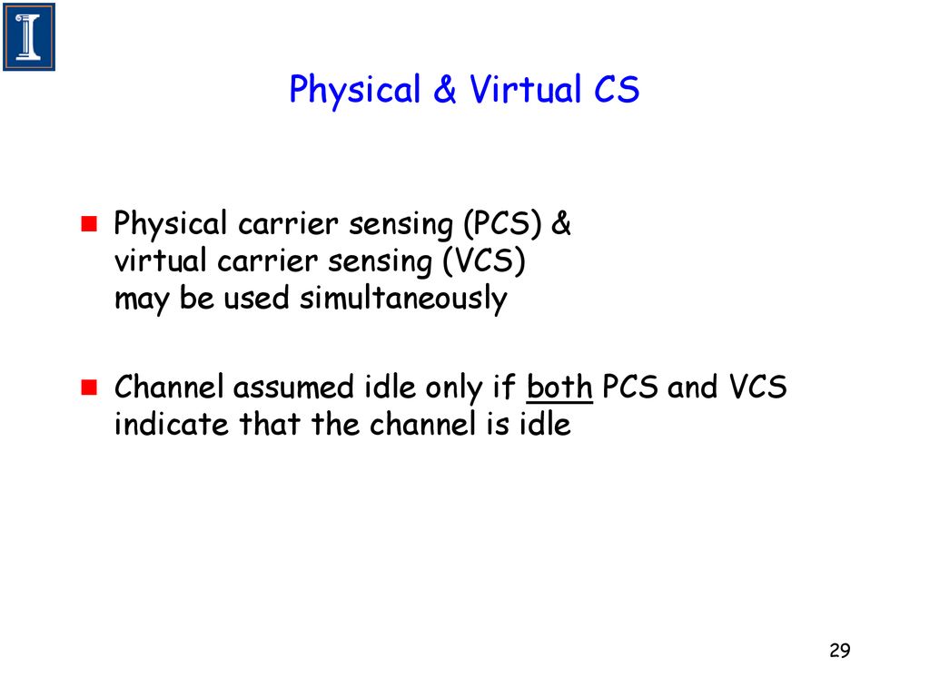 Physical & Virtual CS Physical carrier sensing (PCS) & virtual carrier sensing (VCS) may be used simultaneously.