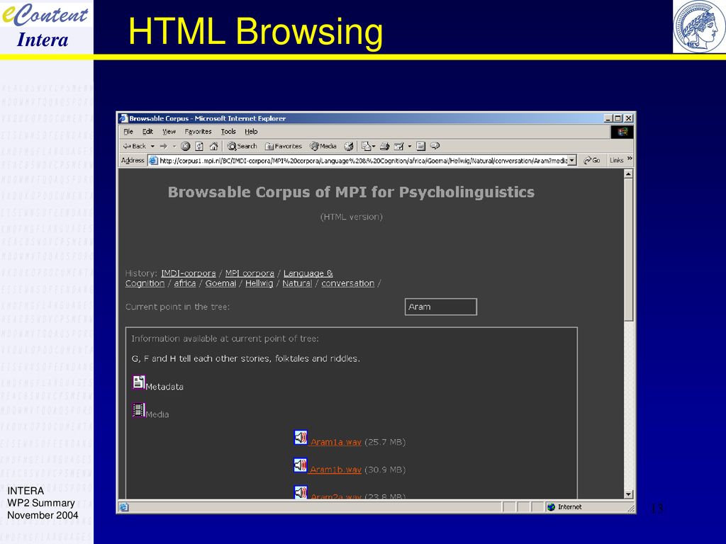 HTML Browsing Intera INTERA WP2 Summary November 2004
