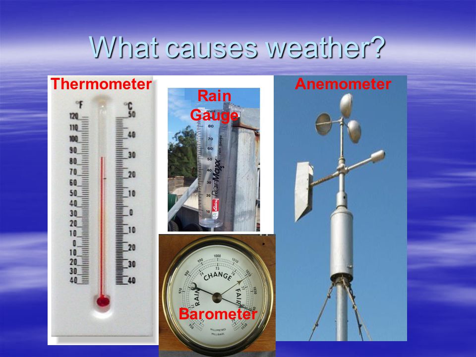 What causes weather Thermometer Anemometer Rain Gauge Barometer