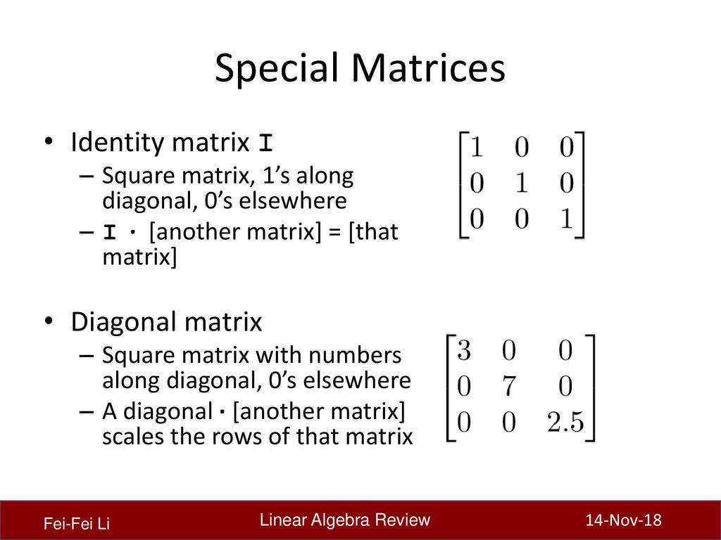 Special Matrices Identity matrix I Diagonal matrix