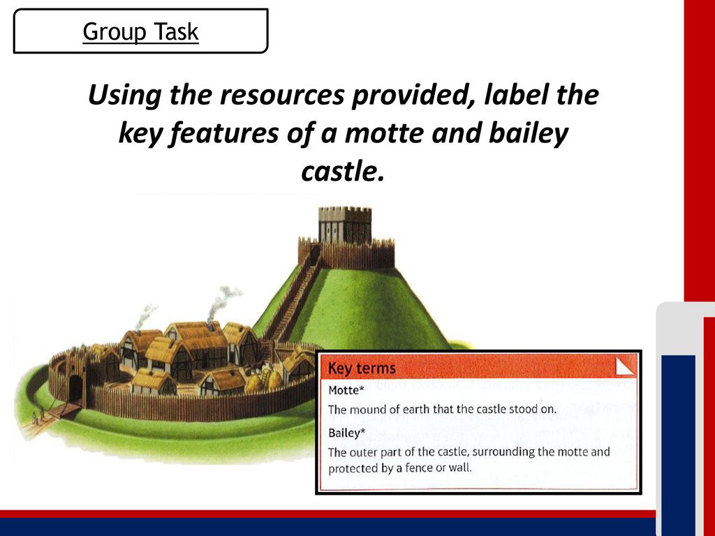 Group Task Using the resources provided, label the key features of a motte and bailey castle.