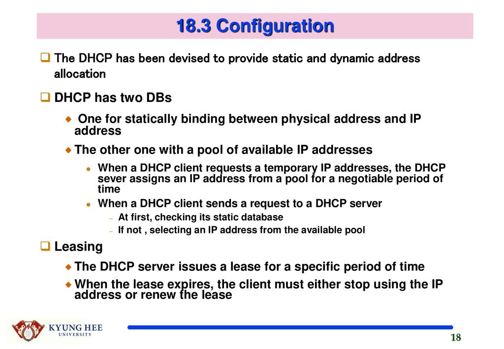 18.3 Configuration The DHCP has been devised to provide static and dynamic address allocation. DHCP has two DBs.