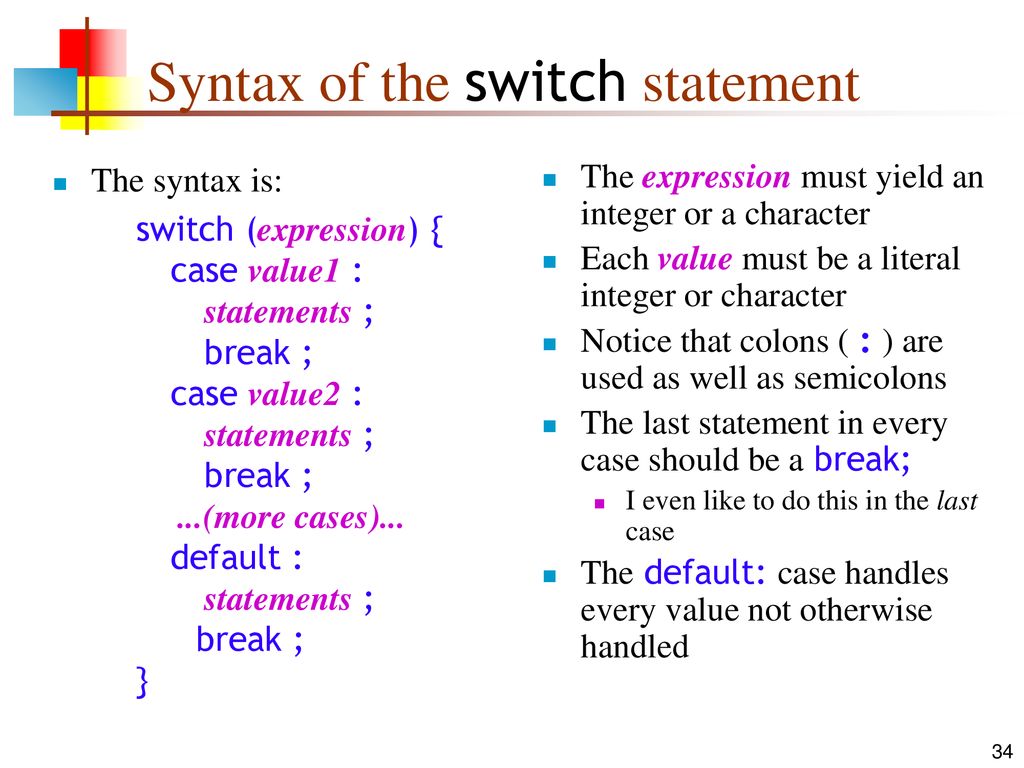 Syntax of the switch statement
