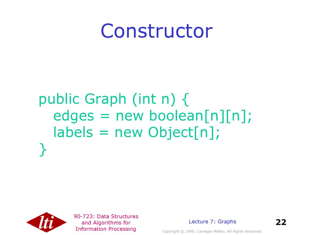 Constructor public Graph (int n) { edges = new boolean[n][n]; labels = new Object[n]; } Lecture 7: Graphs.