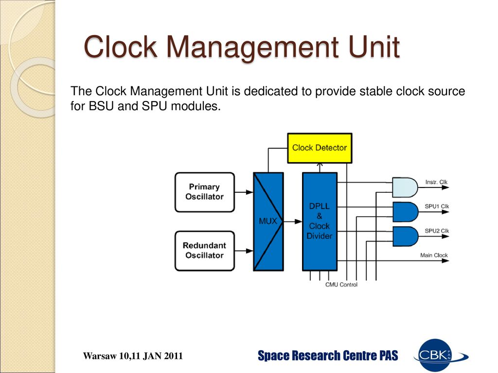 Clock Management Unit The Clock Management Unit is dedicated to provide stable clock source for BSU and SPU modules.