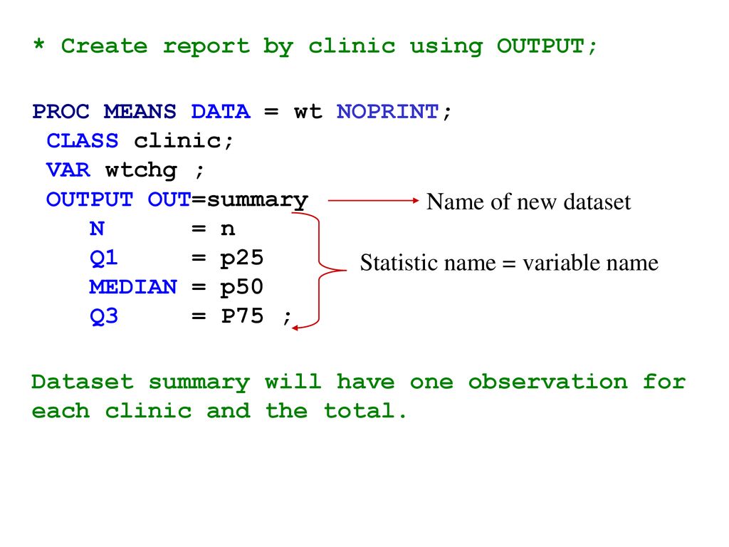 * Create report by clinic using OUTPUT; PROC MEANS DATA = wt NOPRINT;