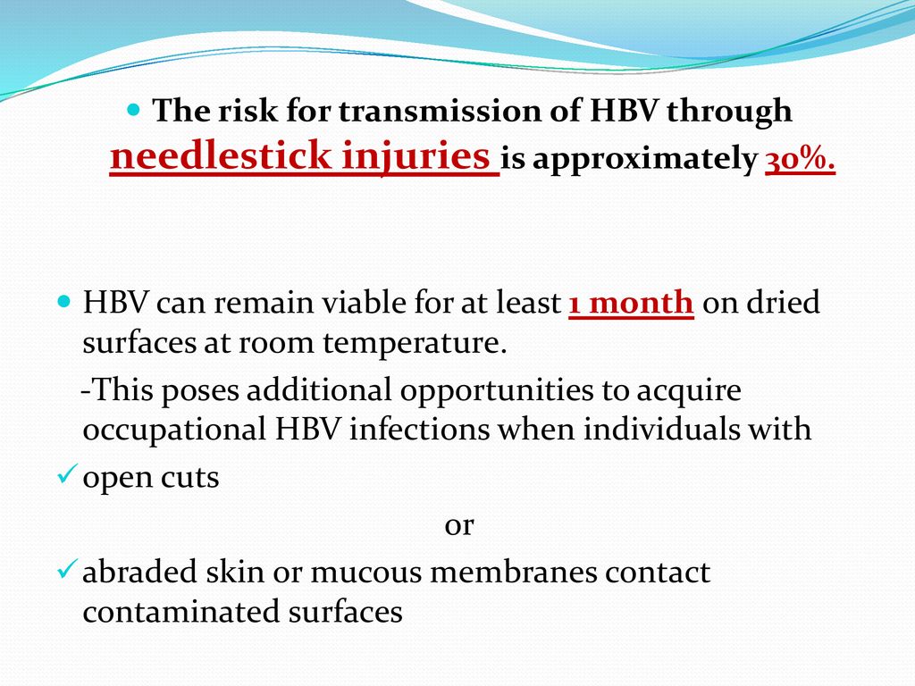 The risk for transmission of HBV through needlestick injuries is approximately 30%.