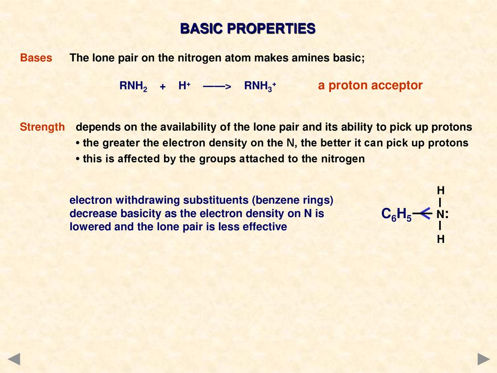 BASIC PROPERTIES Bases The lone pair on the nitrogen atom makes amines basic; RNH2 + H+ ——> RNH3+ a proton acceptor.