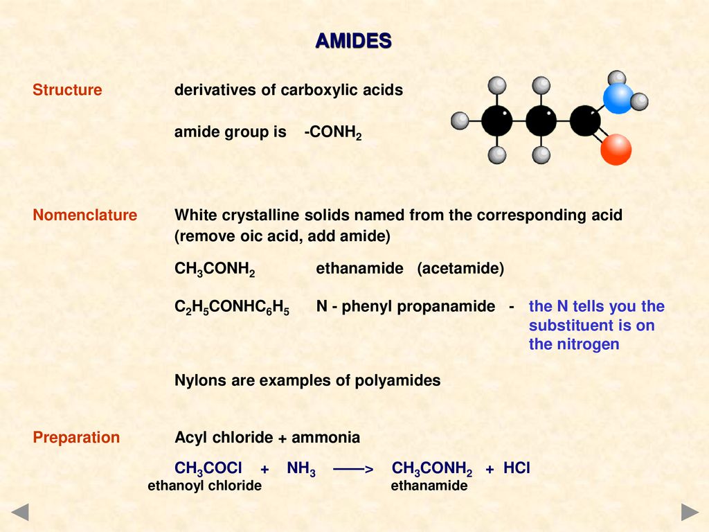 AMIDES Structure derivatives of carboxylic acids amide group is -CONH2