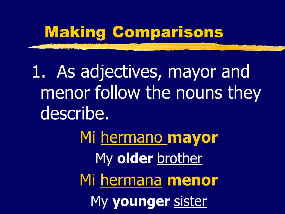 1. As adjectives, mayor and menor follow the nouns they describe.
