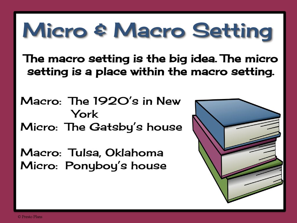 Micro & Macro Setting The macro setting is the big idea. The micro setting is a place within the macro setting.