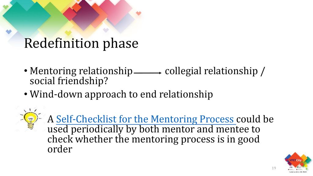 Redefinition phase Mentoring relationship collegial relationship / social friendship Wind-down approach to end relationship.