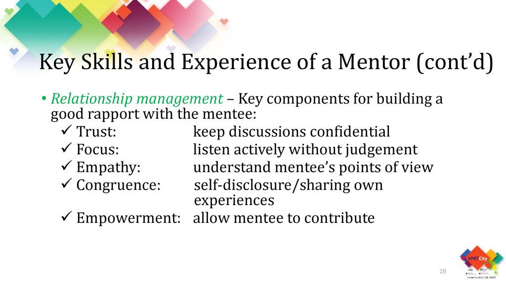 Key Skills and Experience of a Mentor (cont’d)
