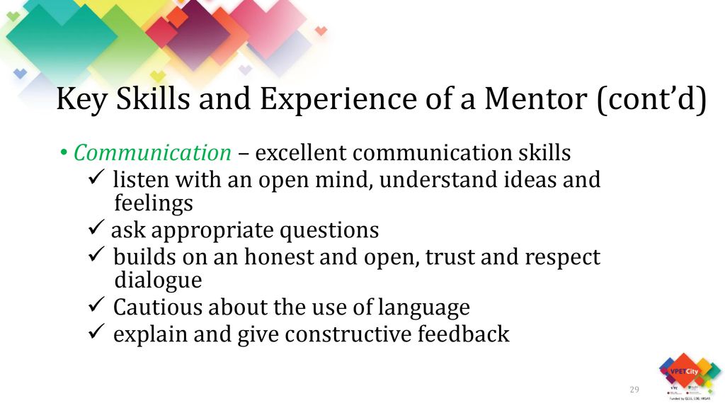 Key Skills and Experience of a Mentor (cont’d)