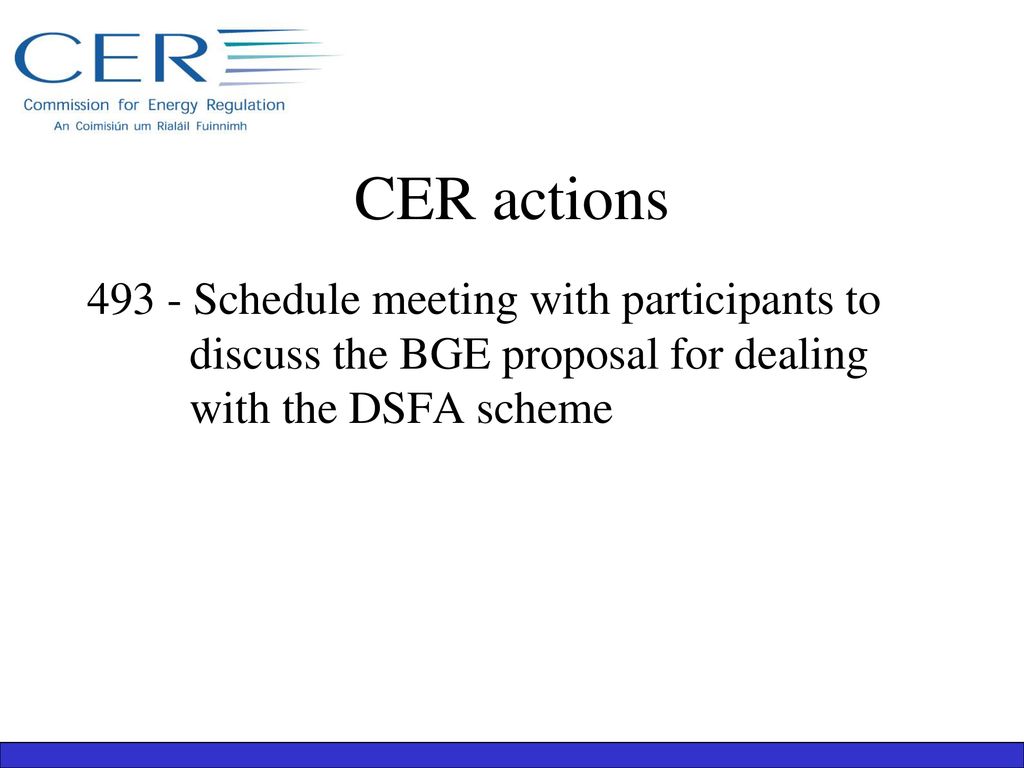 CER actions Schedule meeting with participants to discuss the BGE proposal for dealing with the DSFA scheme.