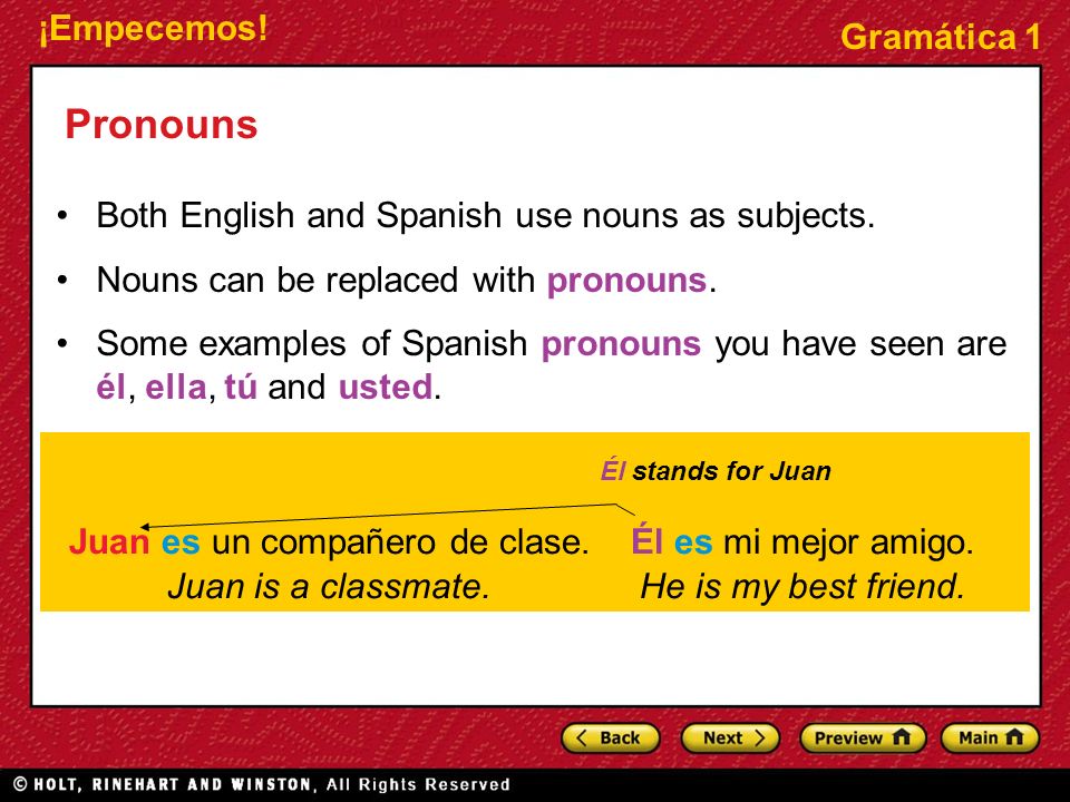 Pronouns Both English and Spanish use nouns as subjects.