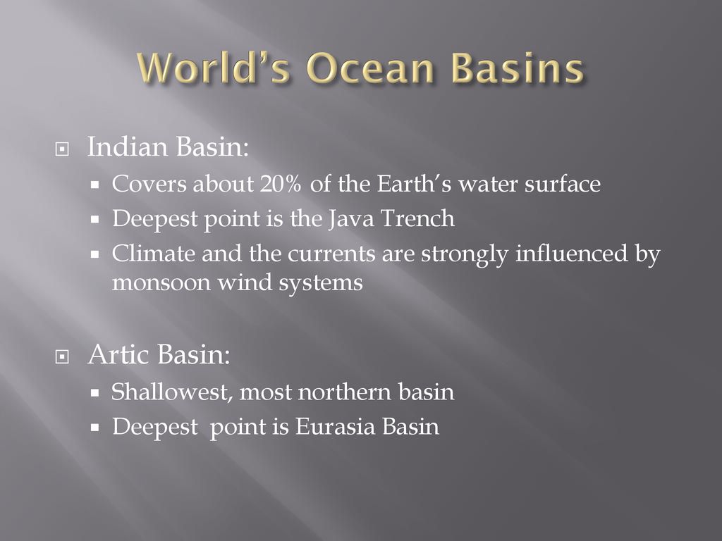 World’s Ocean Basins Indian Basin: Artic Basin: