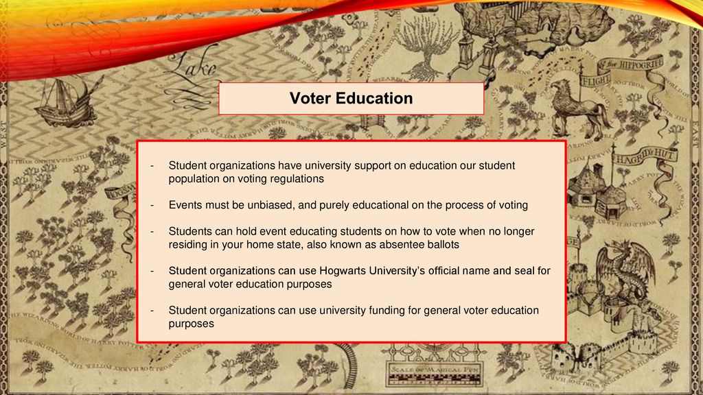 Voter Education Student organizations have university support on education our student population on voting regulations.