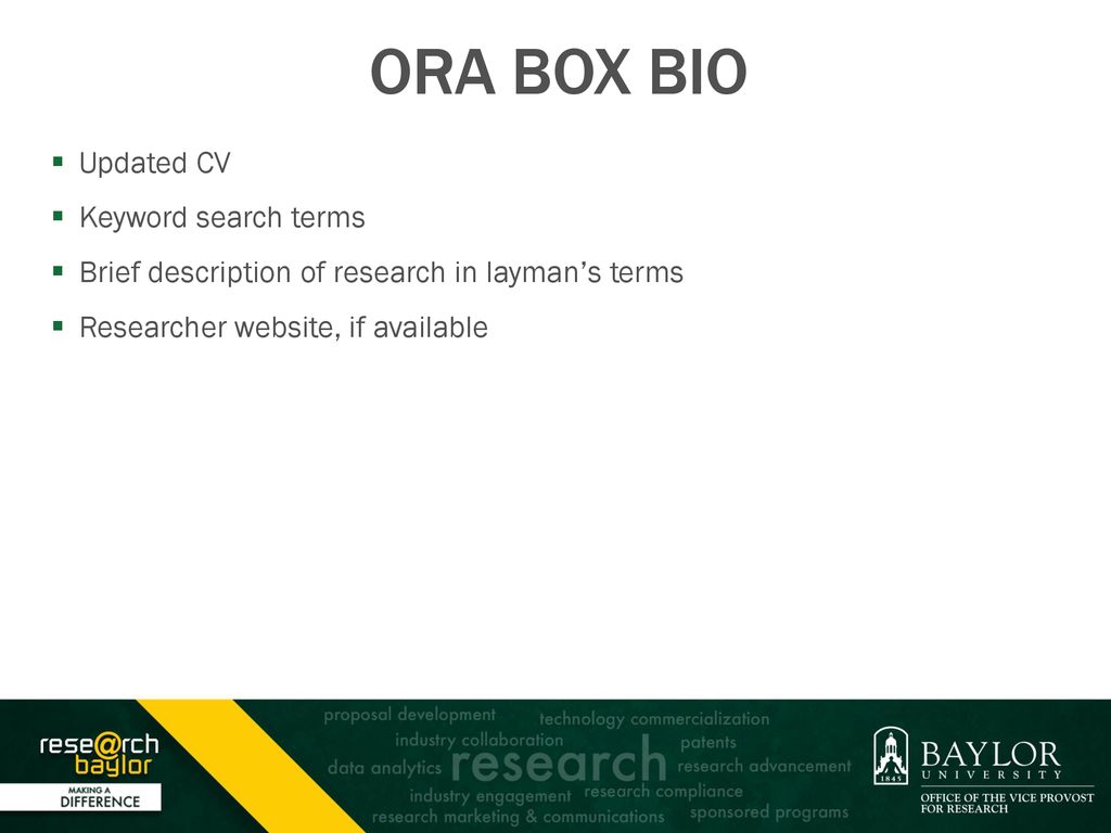 ORA BOX BIO Updated CV Keyword search terms