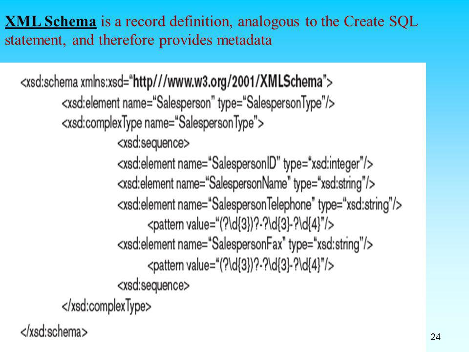 XML Schema is a record definition, analogous to the Create SQL statement, and therefore provides metadata